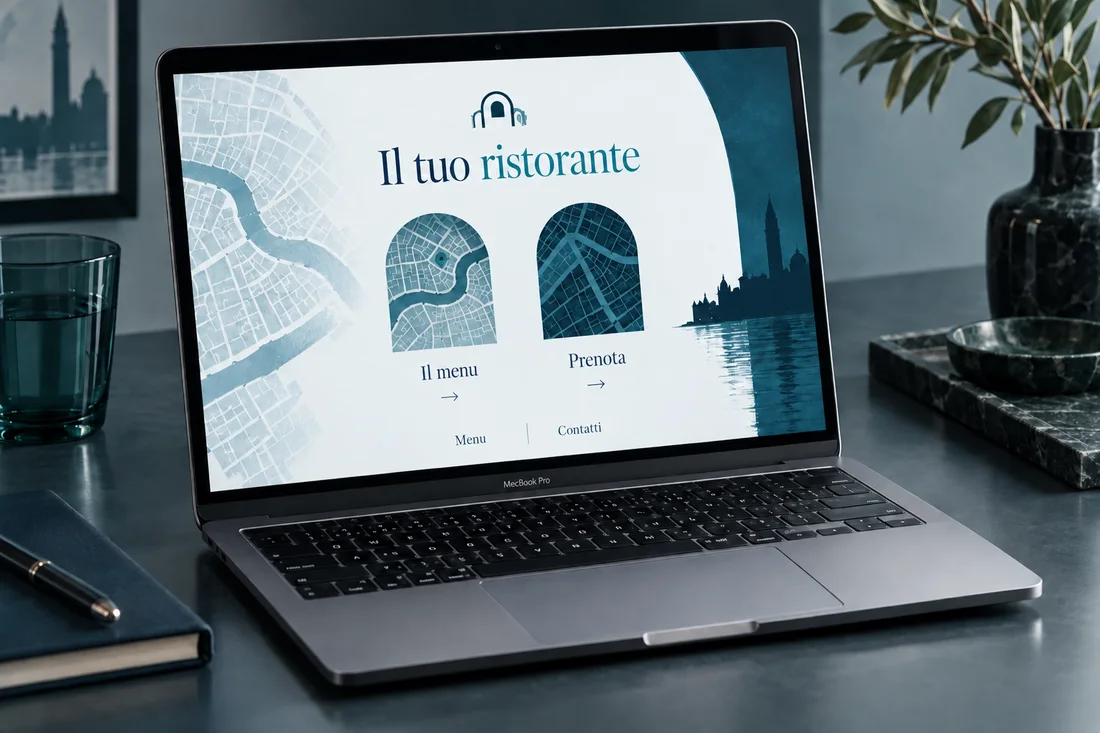 Mockup concettuale creato con AI: sito Ae Sconte Venezia sullo schermo di un MacBook Pro, con Ae Sconte