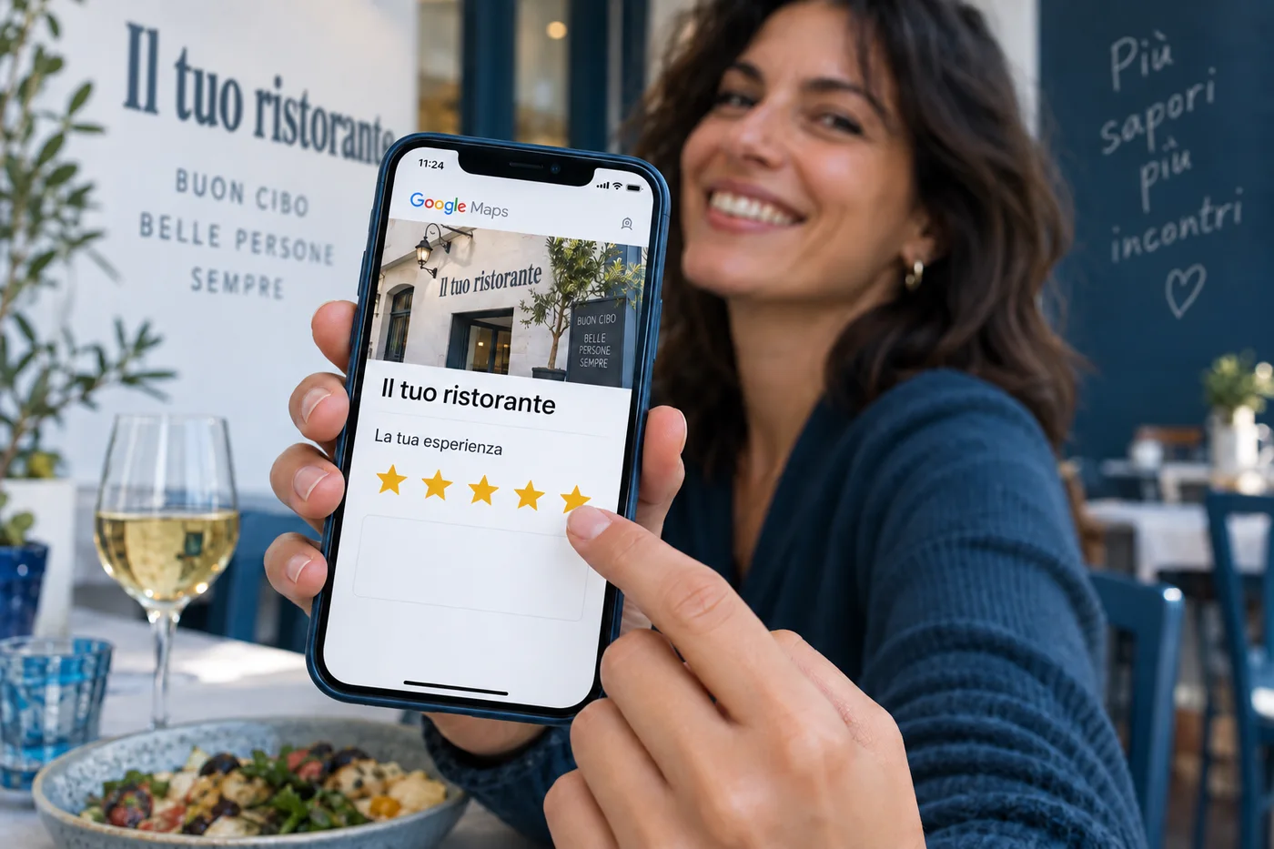 Esempio illustrativo AI di un’ospite che lascia un voto sul telefono al ristorante